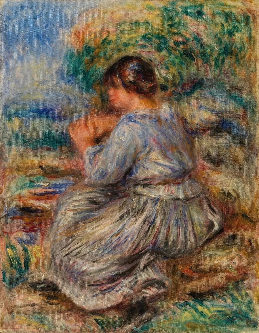 Mädchen, das in einer Landschaft sitzt (Junge Frau, die in einem Garten sitzt) - Pierre-Auguste Renoir