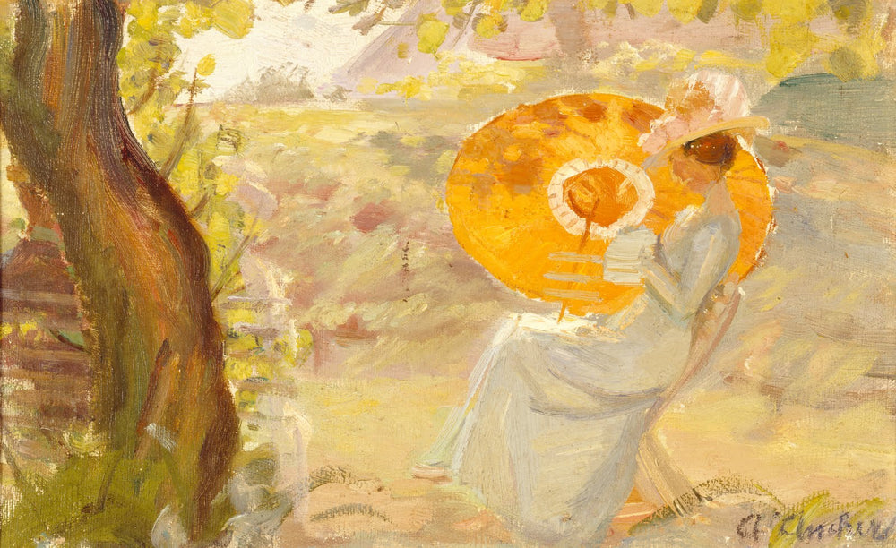 Jeune fille dans un jardin avec un parasol orange - Anna Ancher image 1 reproduction artisanale de tableau