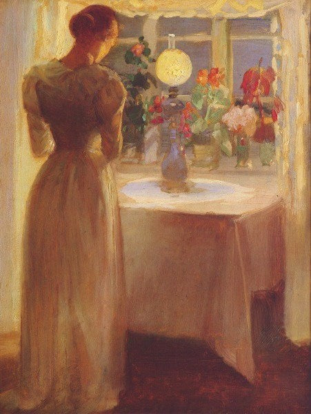 Junges Mädchen vor einer beleuchteten Lampe - Anna Ancher