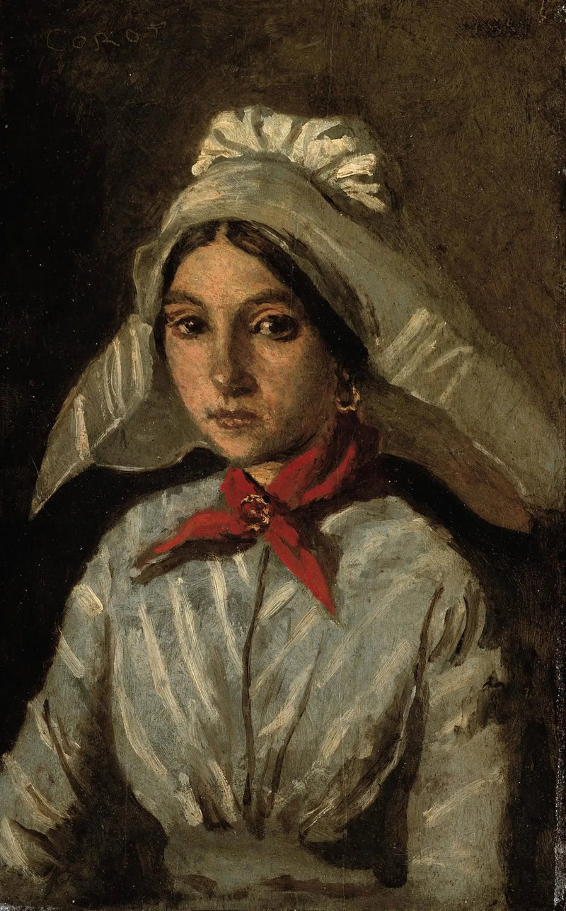 Junge Frau mit einem großen Hut auf dem Kopf - Jean-Baptiste Camille Corot