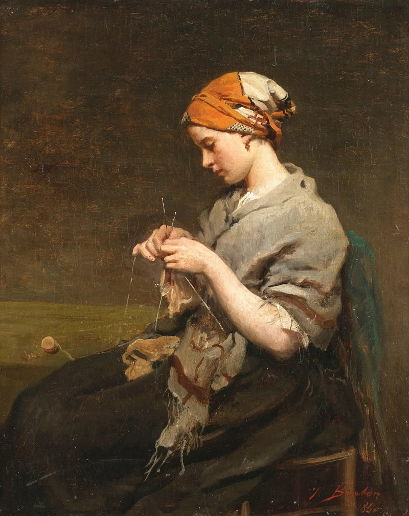 Junge Mädchen strickend (Version 2) - Jules Breton