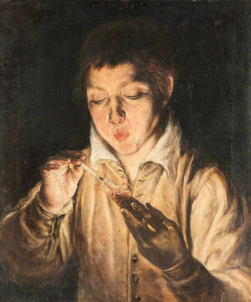 Junge Junge, der auf eine Glut bläst - El Greco