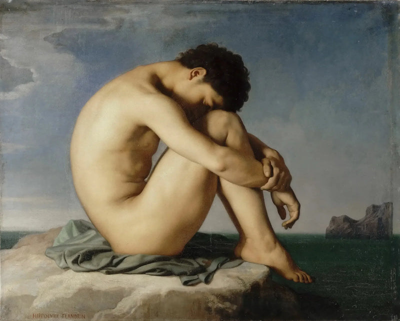 Nackter junger Mann sitzt am Meer - Hippolyte Flandrin