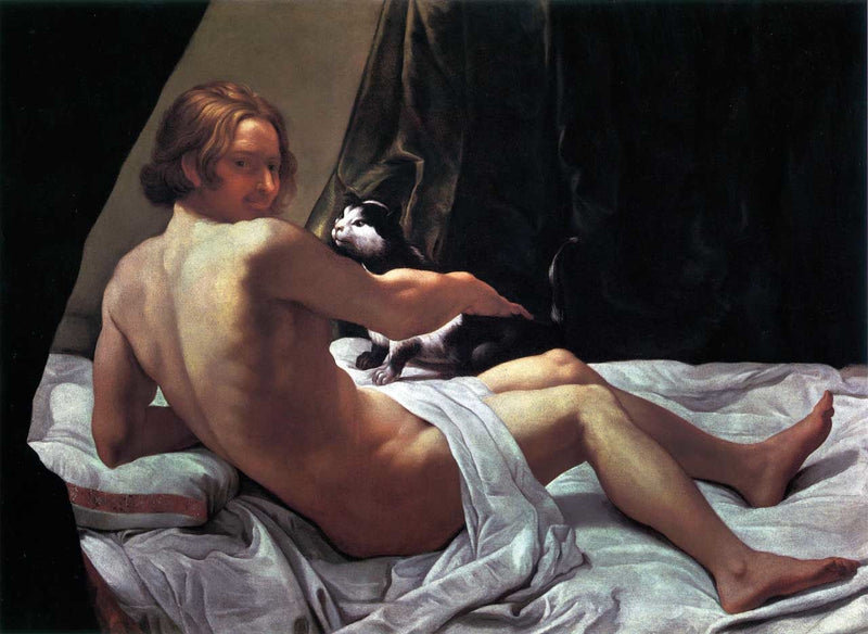 Nackter junger Mann im Bett mit einer Katze - Giovanni Lanfranco