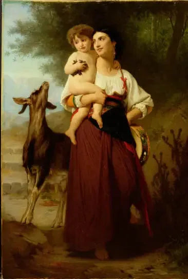 Junge Mutter in ländlicher Tracht mit ihrem Kind und einer Ziege - Bouguereau