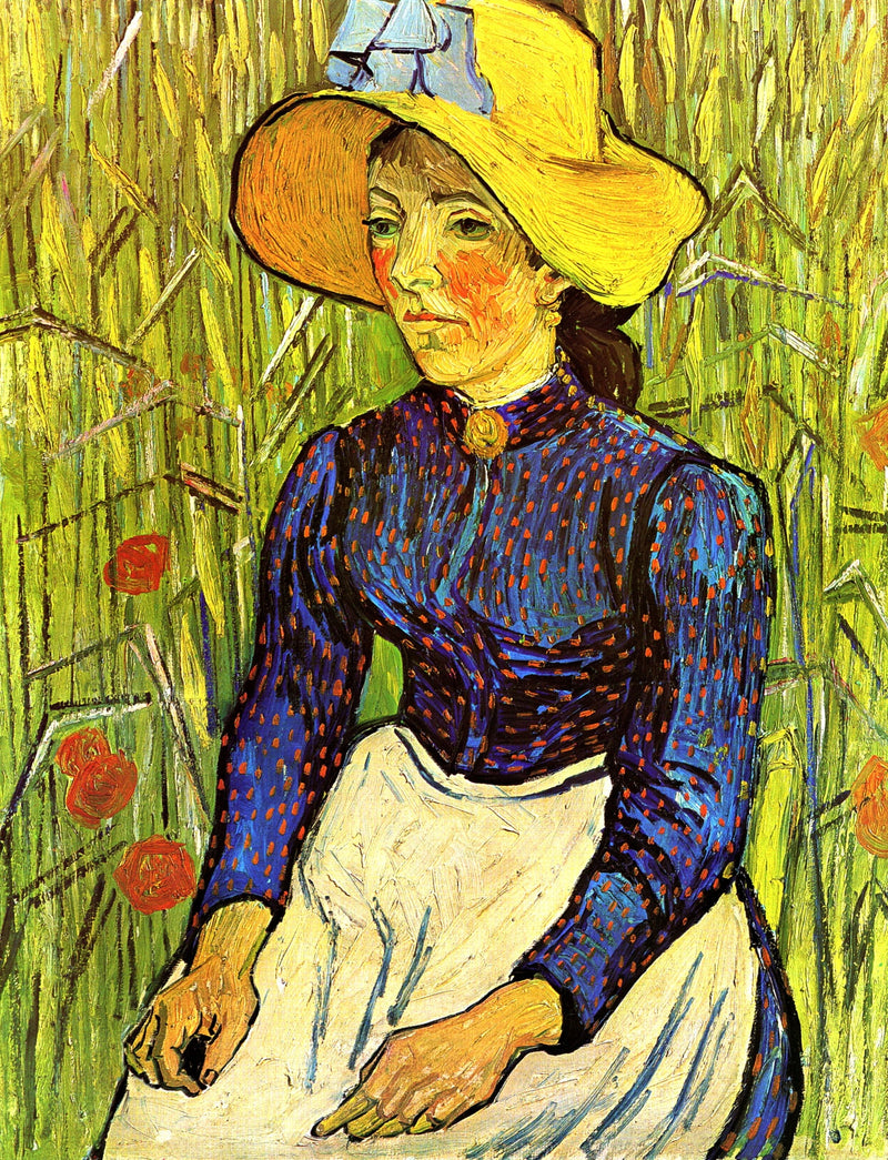Bäuerin mit Strohhut, die vor einem Weizenfeld sitzt - Vincent van Gogh
