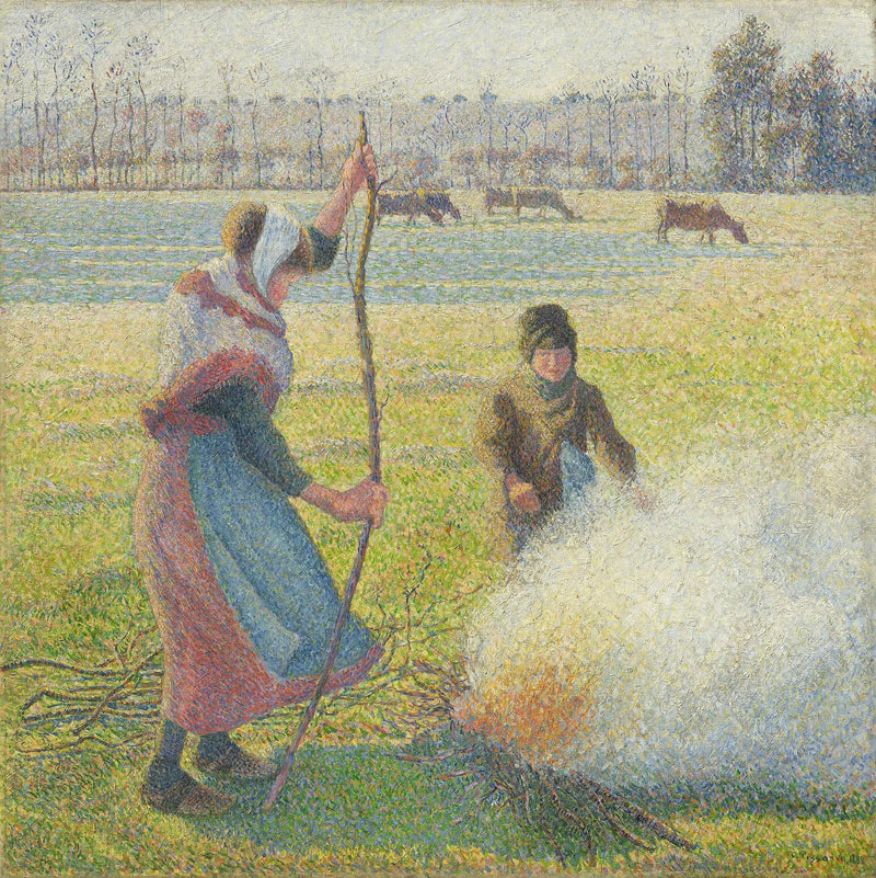 Junge Bäuerin beim Feuermachen. Weißer Frost - Camille Pissarro