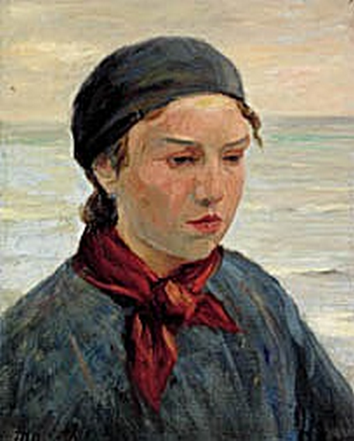 Junge Fischerin mit einem roten Schal um den Hals. – Michael Peter Ancher
