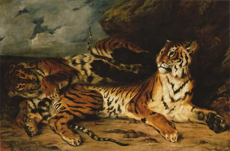 Jeune Tigre jouant avec sa mère - Eugène Delacroix image 2 copie peinte à la main à l’huile