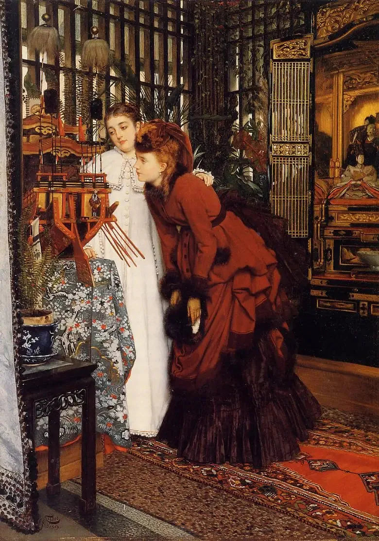 Junge Frauen, die japanische Artikel betrachten - James Tissot
