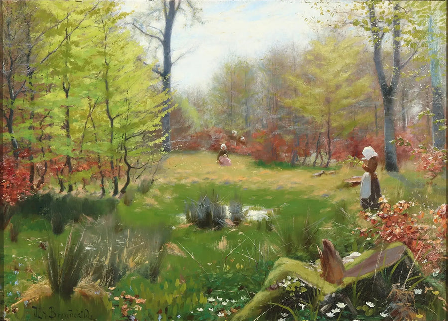 Junge Mädchen, die Anemonen in einem Frühlingswald pflücken - H. A. Brendekilde