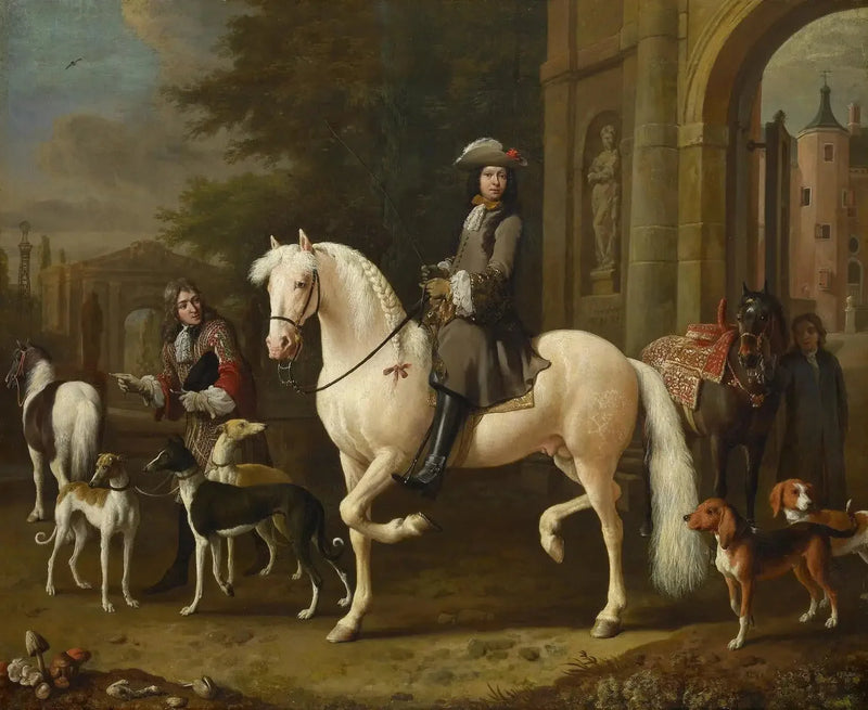 Johan Ortt (1642-1701) zu Pferd überquert das Tor der Burg Nijenrode - Melchior de Hondecoeter