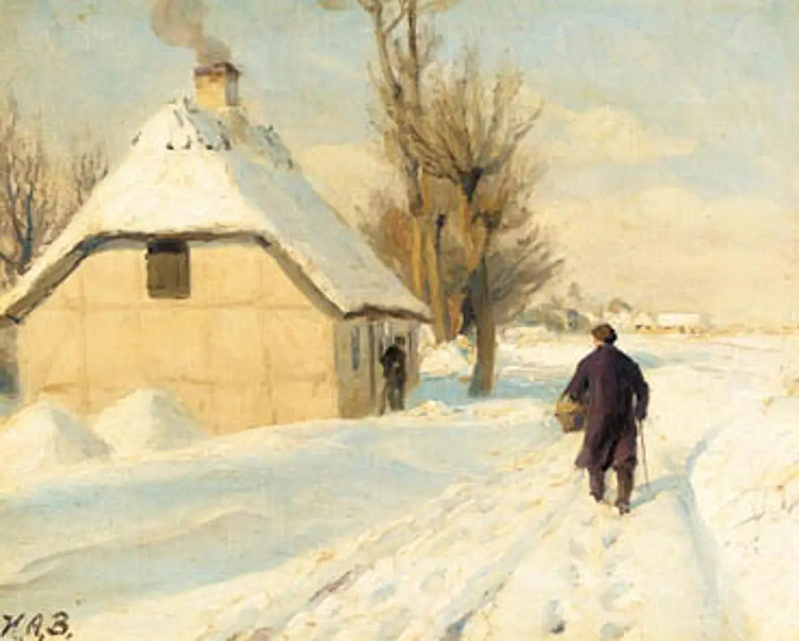 Wintertag in der Nähe eines Hauses mit Strohdach. Ein Mann geht auf der verschneiten Straße. - H. A. Brendekilde
