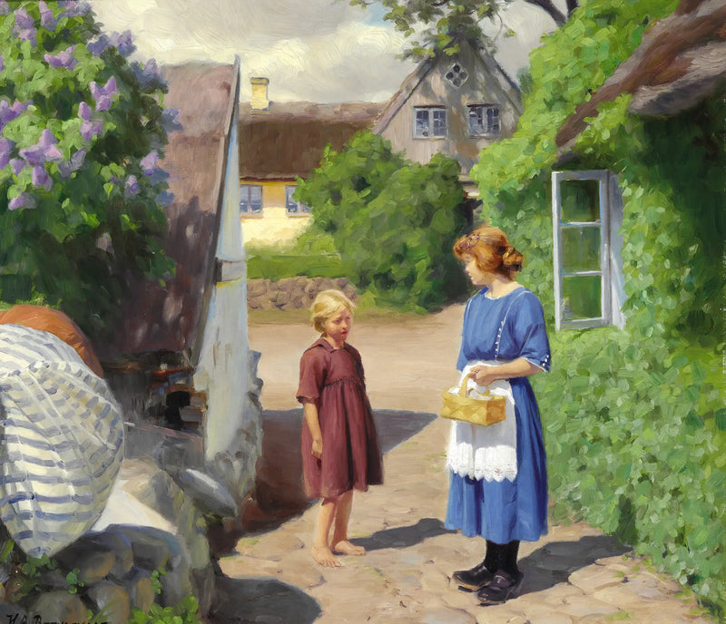 Sommertag in Jyllinge. Flieder in Blüte und kleine Mädchen in der Dorfsstraße. - H. A. Brendekilde