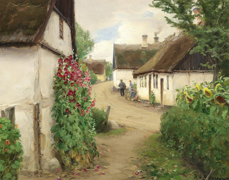 Sommertag in einem Dorf mit Sonnenblumen und roten Stockrosen. - H. A. Brendekilde