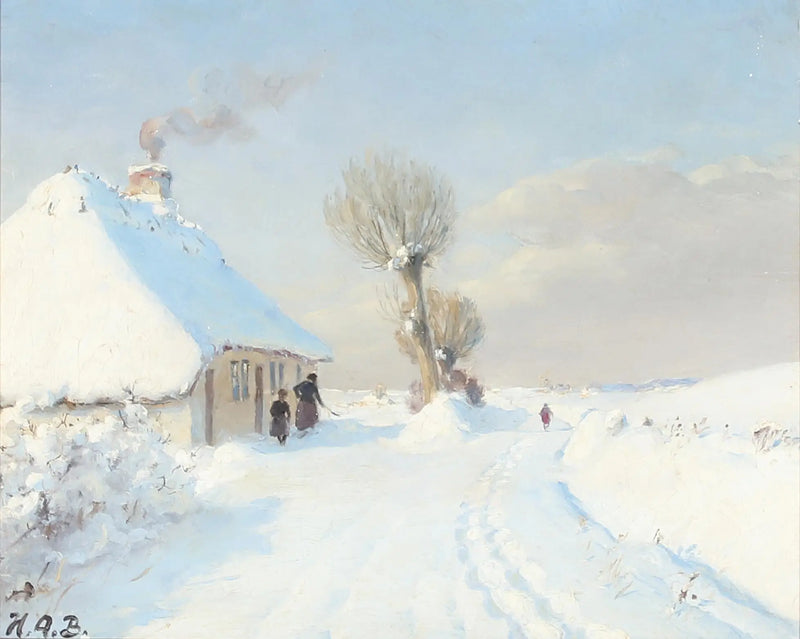 Sonniger Wintertag mit Mutter und Kind vor einer Hütte. - H. A. Brendekilde