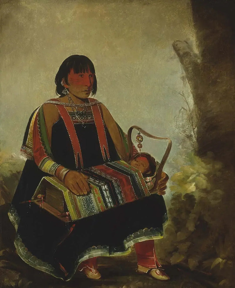 Jú-ah-kís-gaw, Frau mit ihrem Kind in einer Wiege - George Catlin