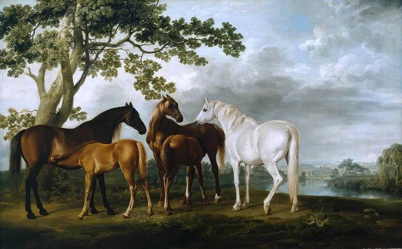 Stuten und Fohlen in einer Flusslandschaft - George Stubbs