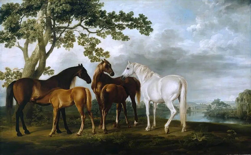 Stuten und Fohlen in einer Flusslandschaft - George Stubbs