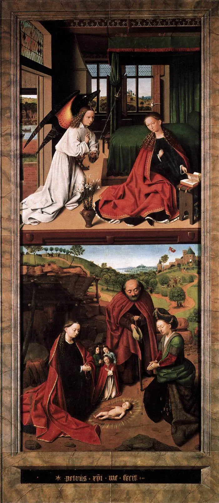 Die Anbetung des Jesuskindes; im Hintergrund die Verkündigung an die Hirten. - Petrus Christus