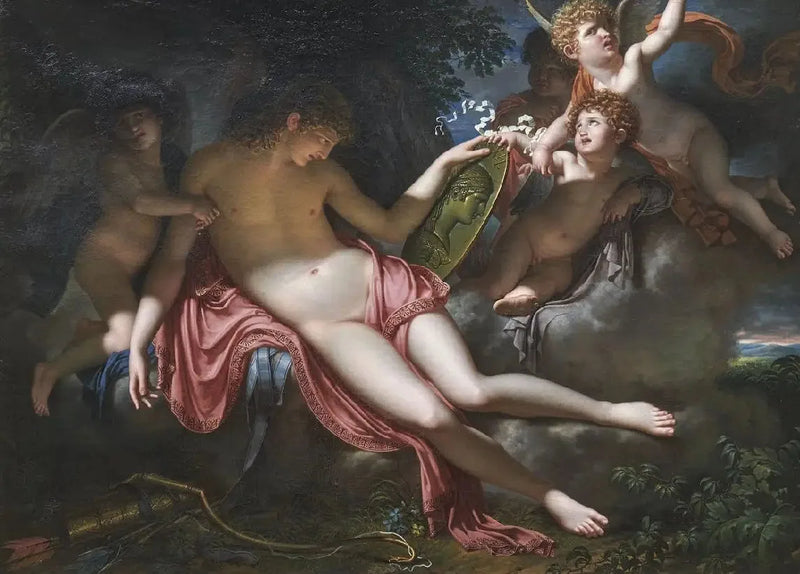 Die jugendliche Liebe, die auf das Porträt von Psyche weint, das er verloren hat - Charles Meynier