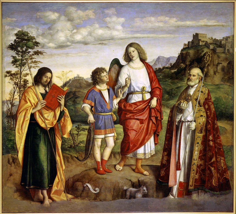 L'archange Raphaël avec Tobie et deux saints. - Cima da Conegliano image 1 tableau peint à l’huile sur toile