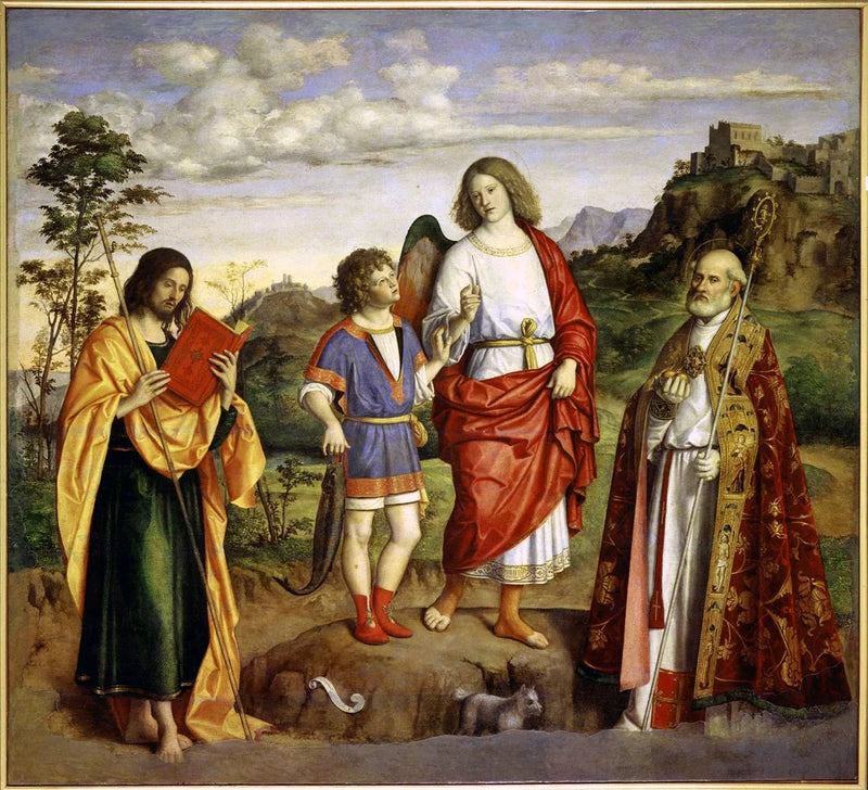 Der Erzengel Raphael mit Tobit und zwei Heiligen. - Cima da Conegliano