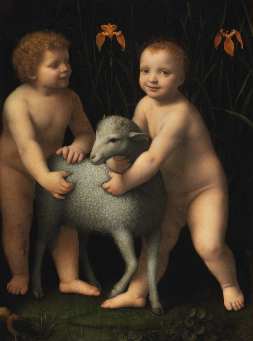 Das Jesuskind und der kleine heilige Johannes der Täufer mit einem Lamm - Bernardino Luini