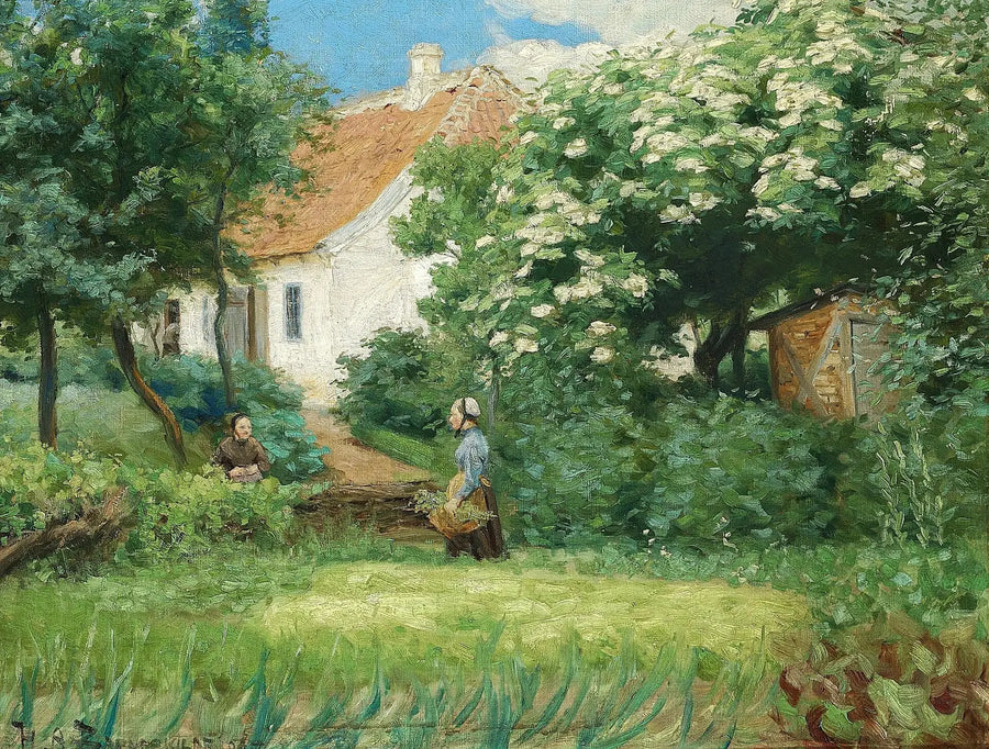 Der Sommer im Garten. Zwei Frauen unterhalten sich in der Nähe eines blühenden Kastanienbaums. - H. A. Brendekilde