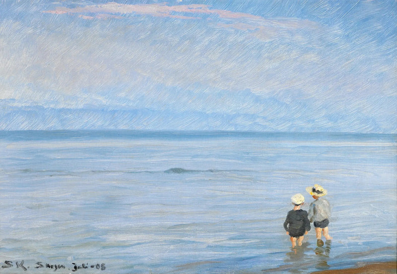Die blaue Stunde. Zwei Kinder paddeln am Strand von Skagen. - Peder Severin Krøyer