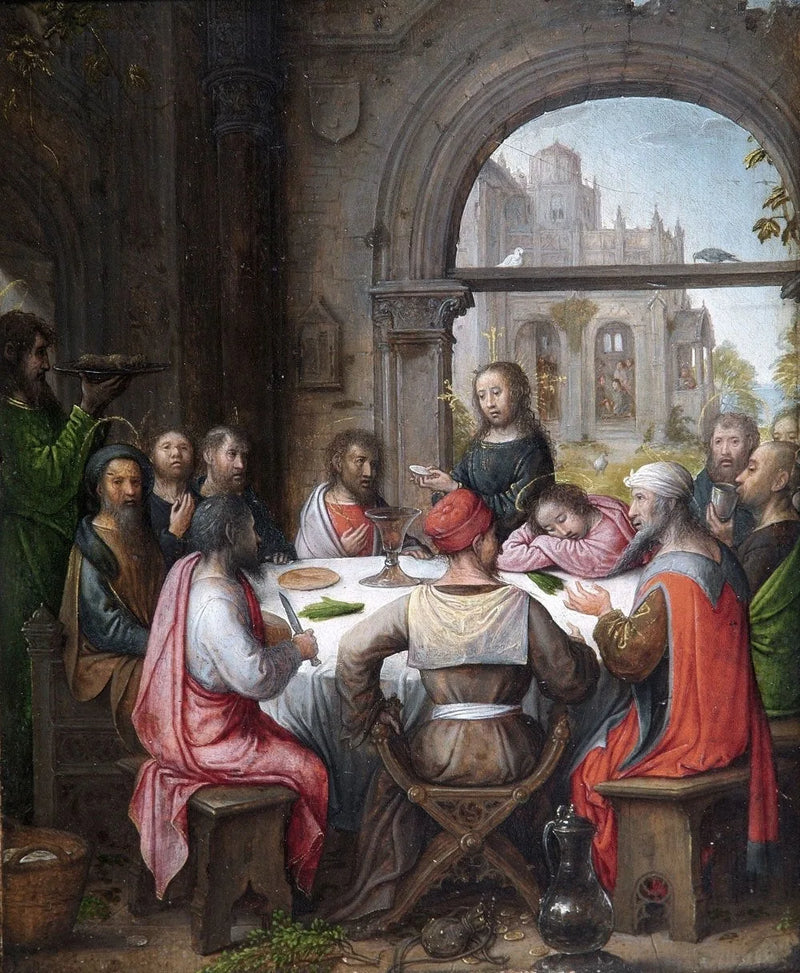 Das letzte Abendmahl mit der Einsetzung der Eucharistie und der Fußwaschung durch Christus - Juan de Flandes