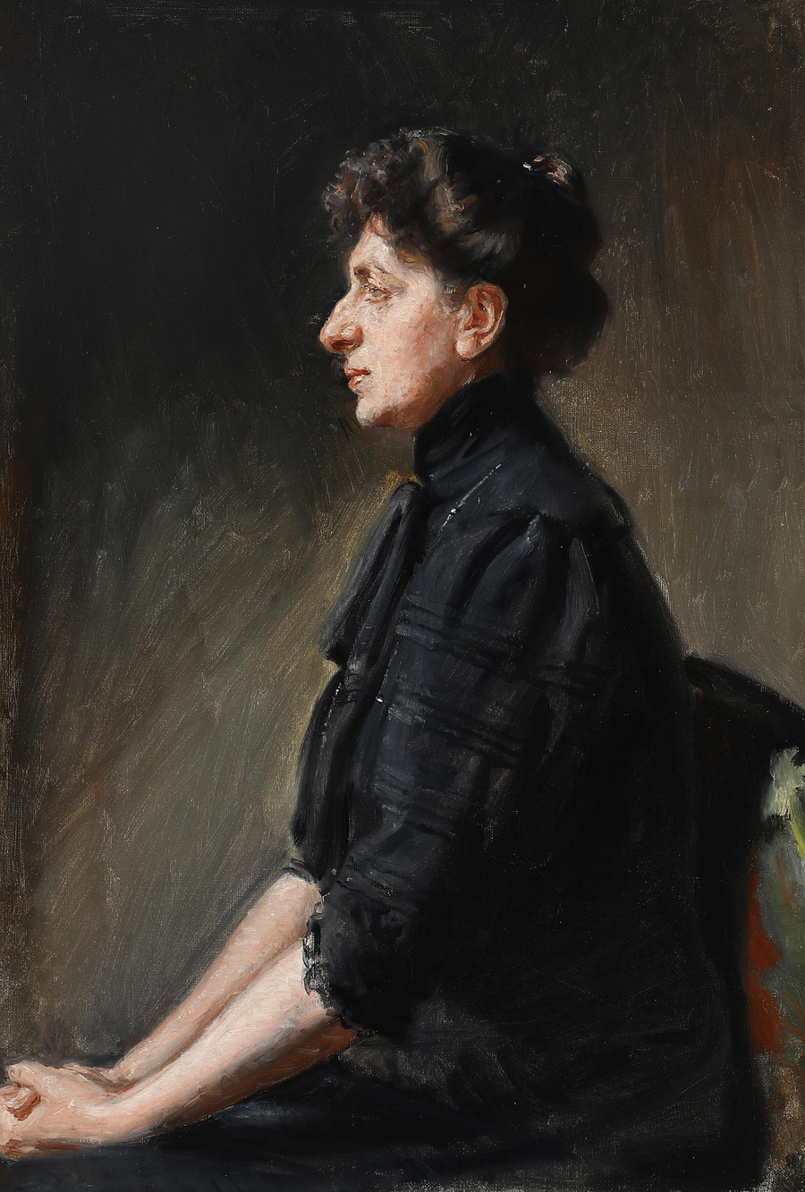 Die Sängerin Elisabeth Dons, sitzend, in Schwarz gekleidet. – Michael Peter Ancher