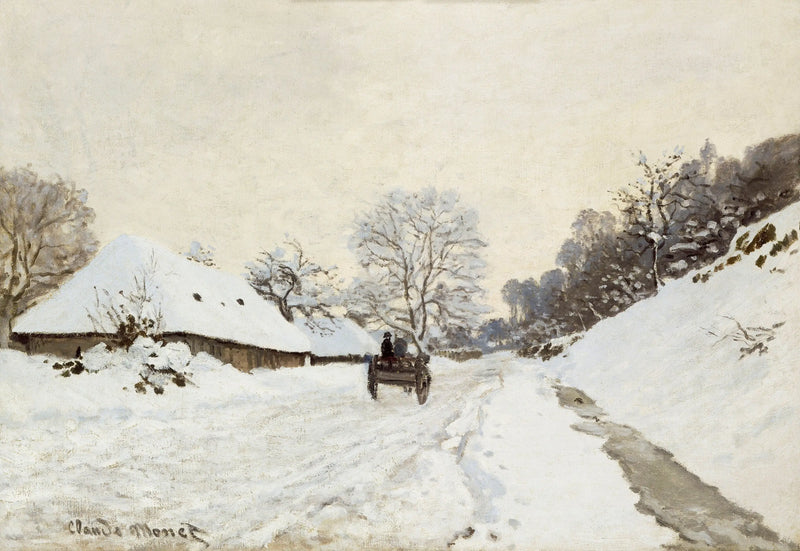 Die Kutsche. Straße im Schnee in Honfleur - Claude Monet