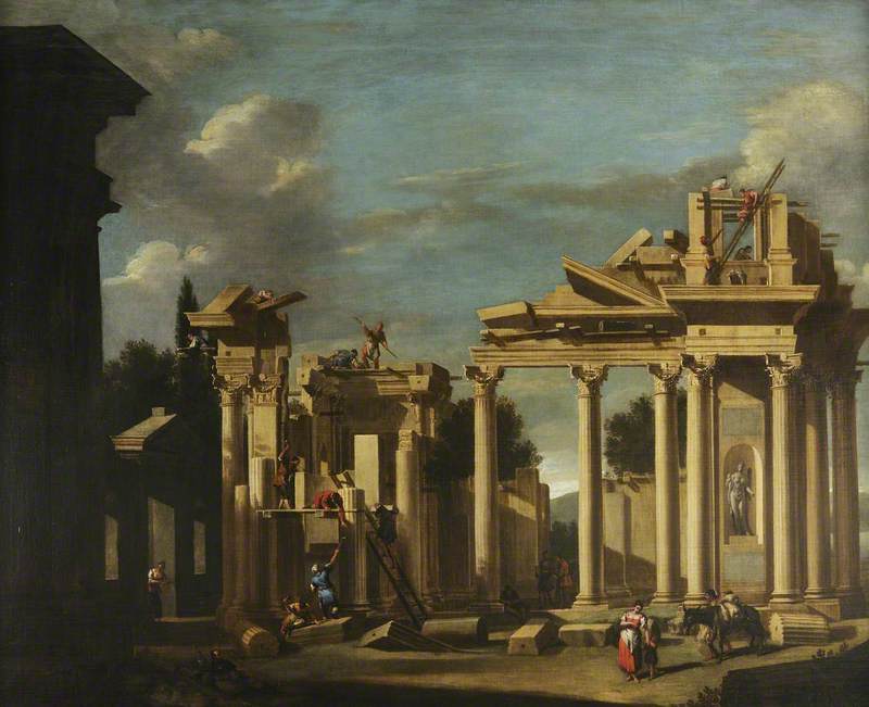 Der Bau eines klassischen Tempels in einer Landschaft - Sebastiano Ricci