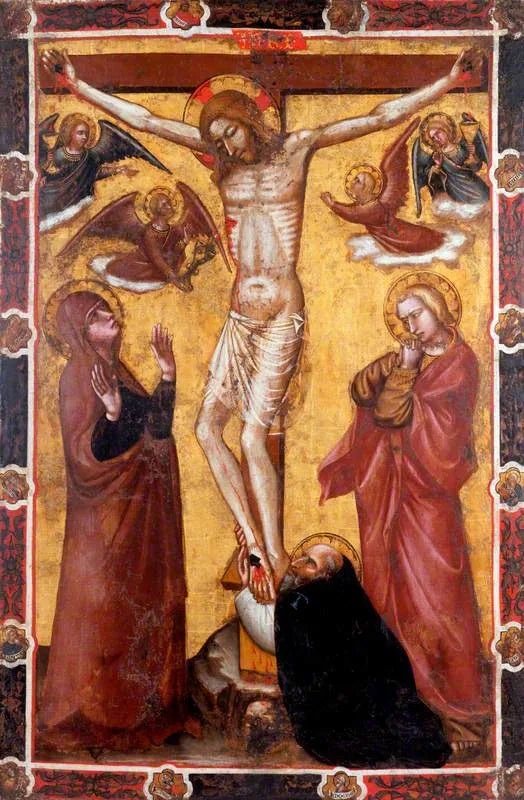 Die Kreuzigung mit der Jungfrau und dem heiligen Johannes; der heilige Antonius der Abt am Fuße des Kreuzes (eine Seite einer Prozessionsfahne) (früher Barnaba da Modena zugeschrieben) - Spinello Aretino