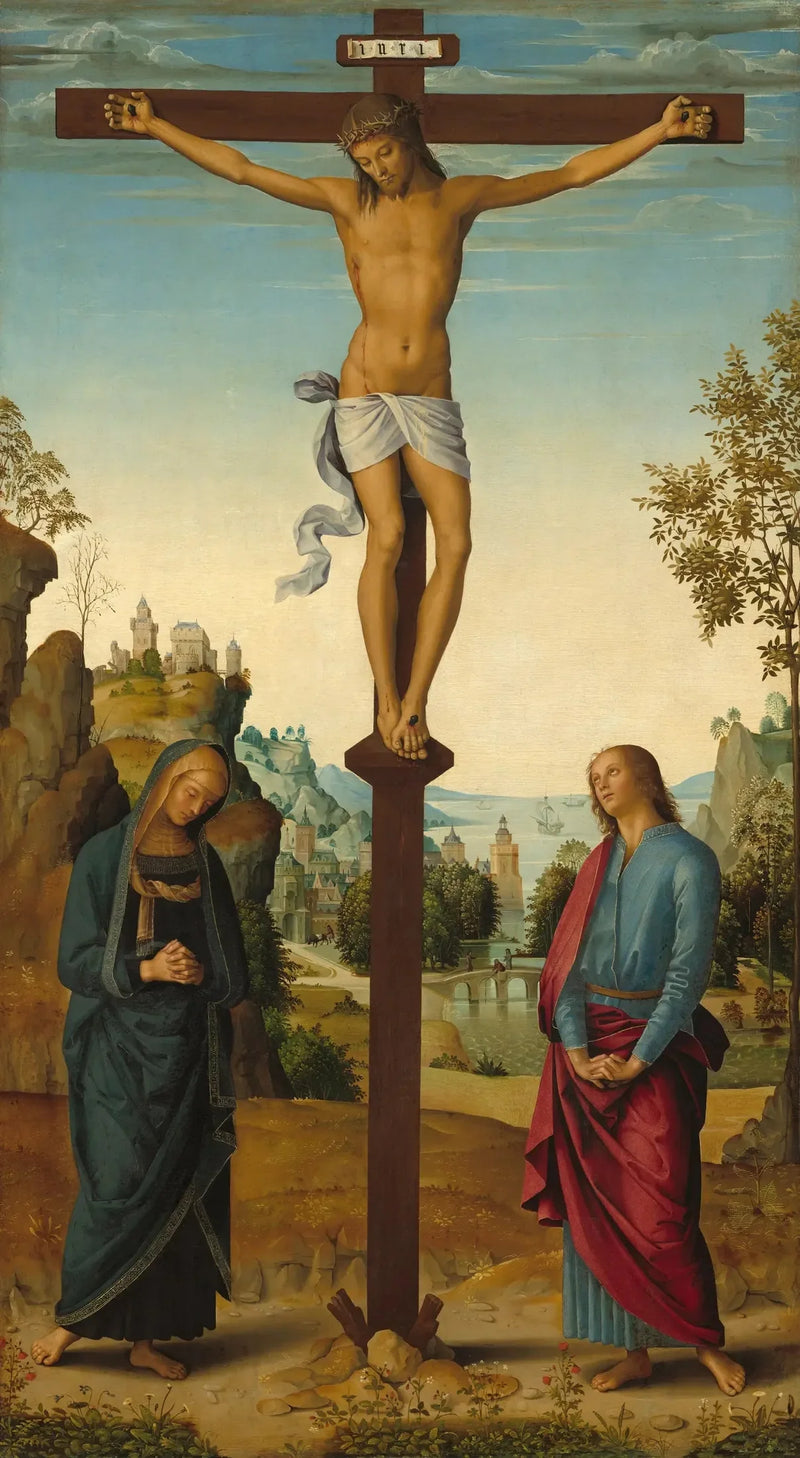 Die Kreuzigung mit der Jungfrau, dem heiligen Johannes, dem heiligen Hieronymus und der heiligen Maria Magdalena [mittleres Paneel] - Pietro Perugino