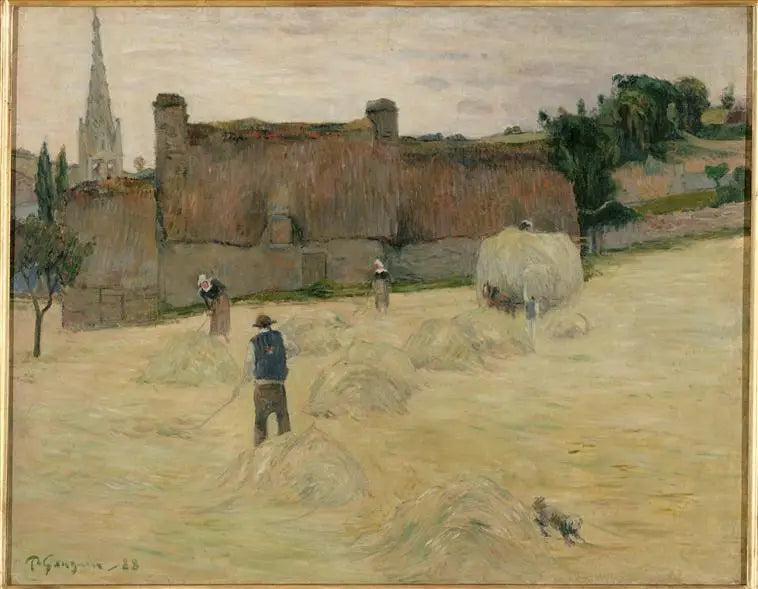 Die Heuernte in der Bretagne (Vorderseite) ; Blumenstrauß vor einem offenen Fenster zum Meer (Rückseite) - Paul Gauguin