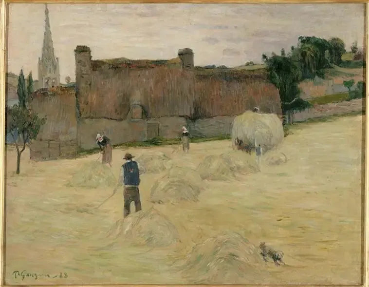 Die Heuernte in der Bretagne (Vorderseite) ; Blumenstrauß vor einem offenen Fenster zum Meer (Rückseite) - Paul Gauguin