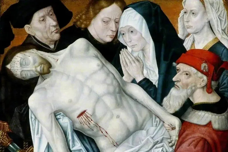 Die Klage, der todeskranke Christus, gestützt von Johannes dem Täufer, Joseph von Arimathäa und Nikodemus mit der Jungfrau Maria und Maria Magdalena - Hugo van der Goes