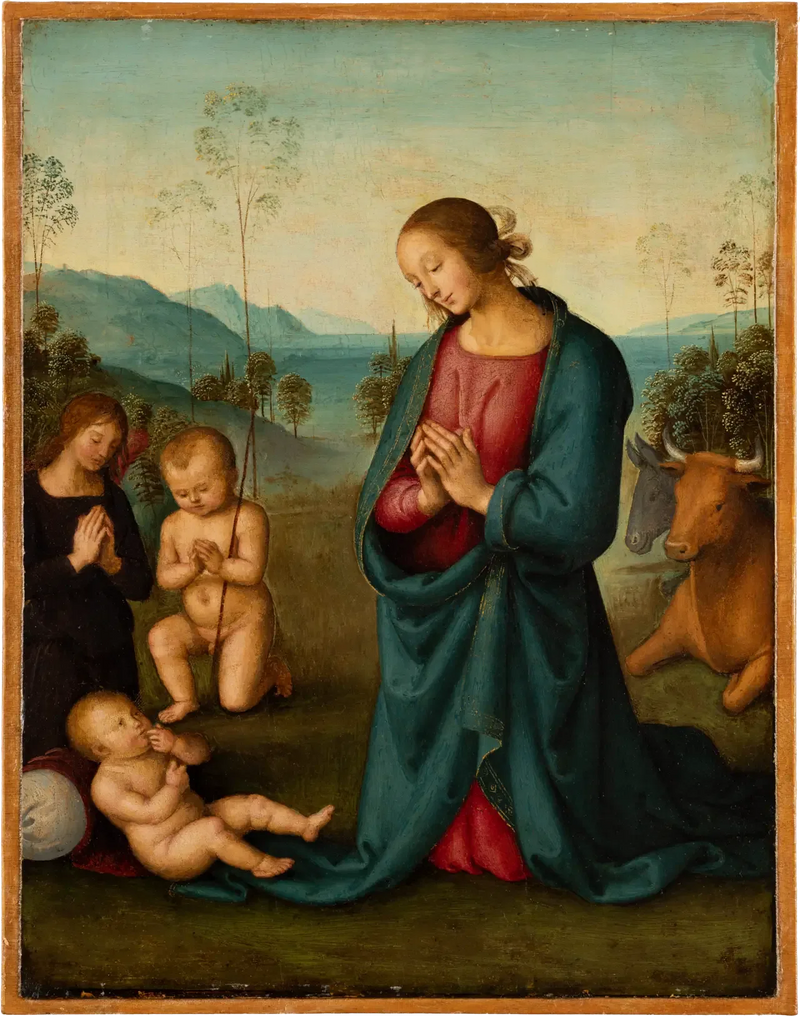 Die Madonna, das Kind Johannes der Täufer und ein Engel, der das Jesuskind anbetet - Pietro Perugino