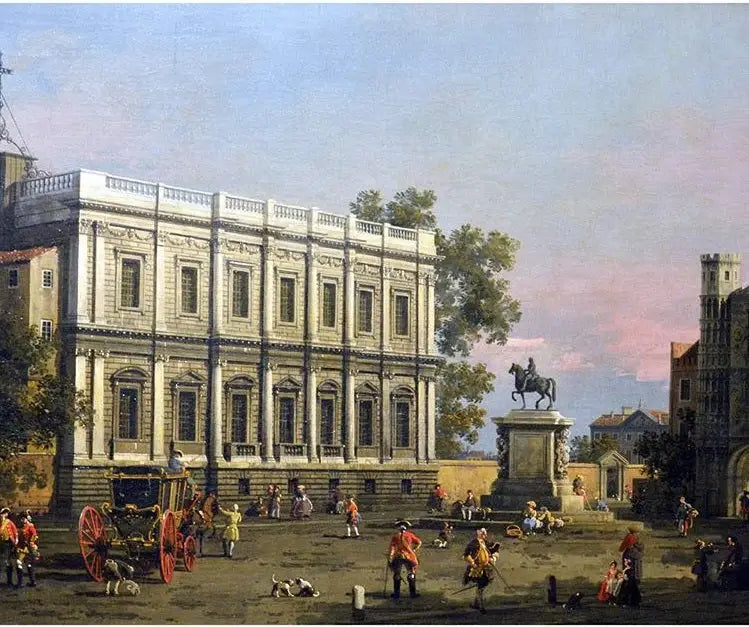 La Maison des Banquets et la Porte Holbein, Whitehall, mit der Reiterstatue von König Karl I. - Canaletto