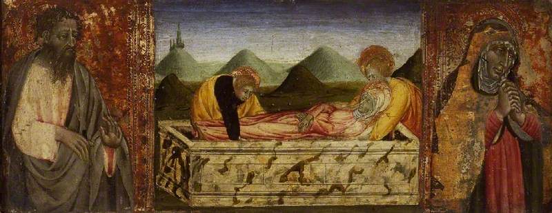 Die Beerdigung der Jungfrau mit dem heiligen Barthélemi (links) und einer Heiligen (rechts) - Giovanni di Paolo
