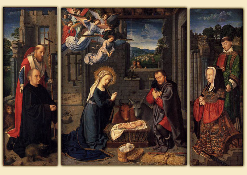 Die Geburt mit den Spendern und den Heiligen Hieronymus und Leonard - Gérard David