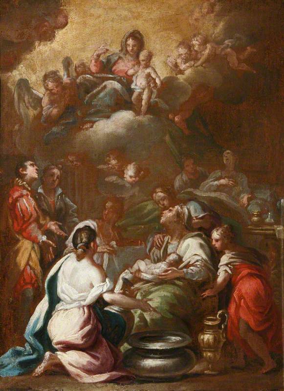 Die Geburt der Jungfrau mit der Jungfrau und dem Kind in Herrlichkeit - Luca Giordano