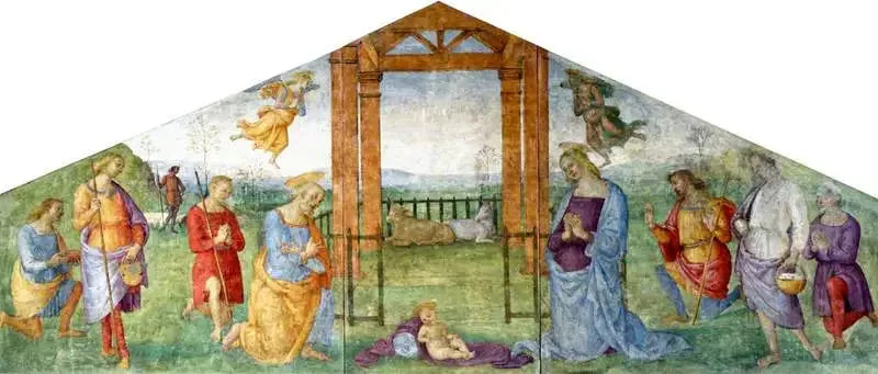 Die Geburt: Die Jungfrau, Josef und die Hirten, die das Jesuskind anbeten - Pietro Perugino