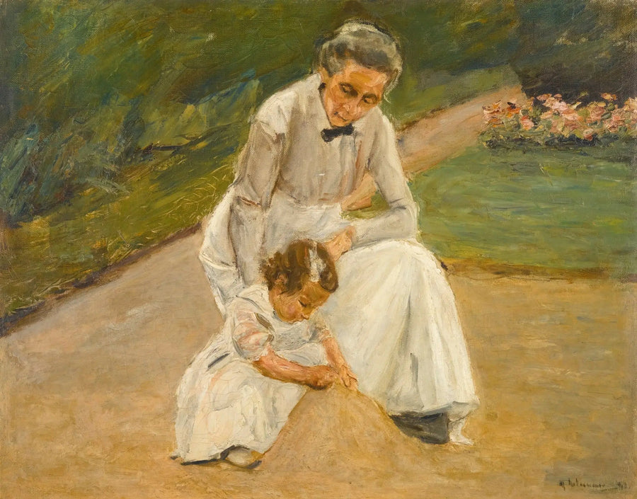 Die Enkelin des Künstlers und ihre Amme spielen im Garten - Max Liebermann