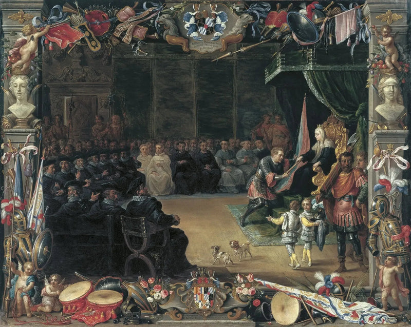 Die Präsentation des Stabs des Generalkapitäns an Antonio de Moncada durch die Königinregentin Blanca von Sizilien im Jahr 1410 - David Teniers der Jüngere