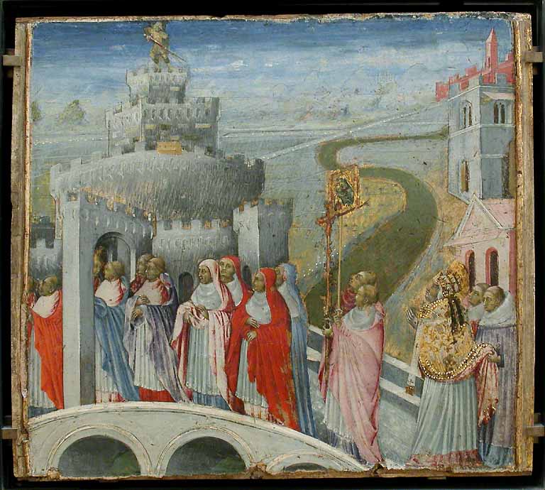 Die Prozession des heiligen Gregor im Château Saint-Ange - Giovanni di Paolo