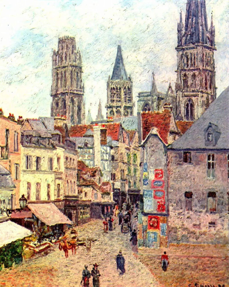 Die Straße des Lebensmittelgeschäfts in Rouen, Morgen, nasses Wetter - Camille Pissarro