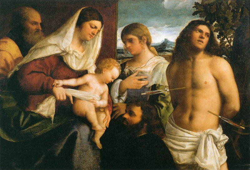 Die Heilige Familie mit der heiligen Katharina, dem heiligen Sebastian und einem Spender - Sebastiano del Piombo